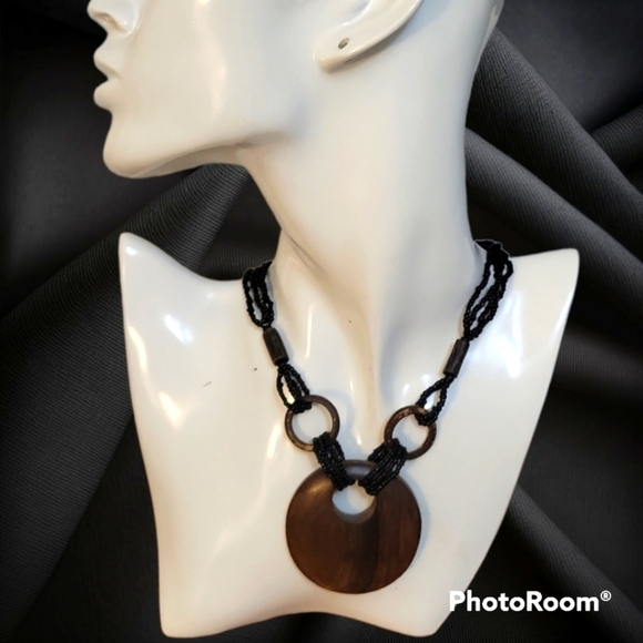Vintage Other - Vtg Round Wood Pendant Glass Seed Beaded Twisted Torsade Necklace